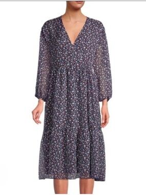 Madewell Navy Floral V-Neck Tiered wrap style Midi Dress